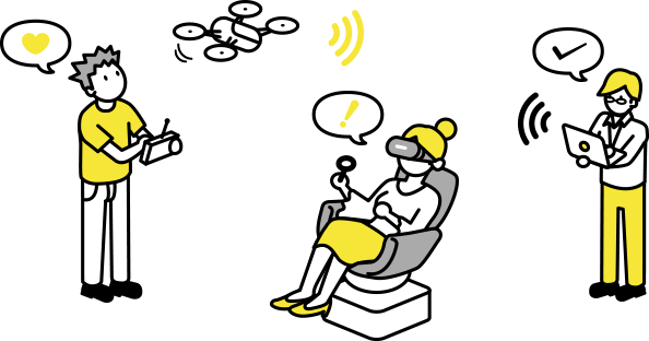 ドローンで遊んでいる人、ラップトップPCでチェックする人、VRを体験する人のイラスト