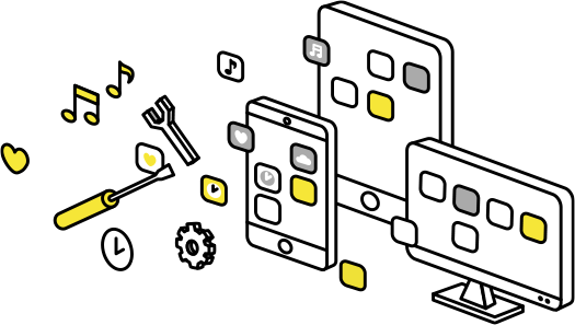 スマートフォン、タブレット、パソコンのそれぞれに合わせたアプリケーション開発を行なうイラスト